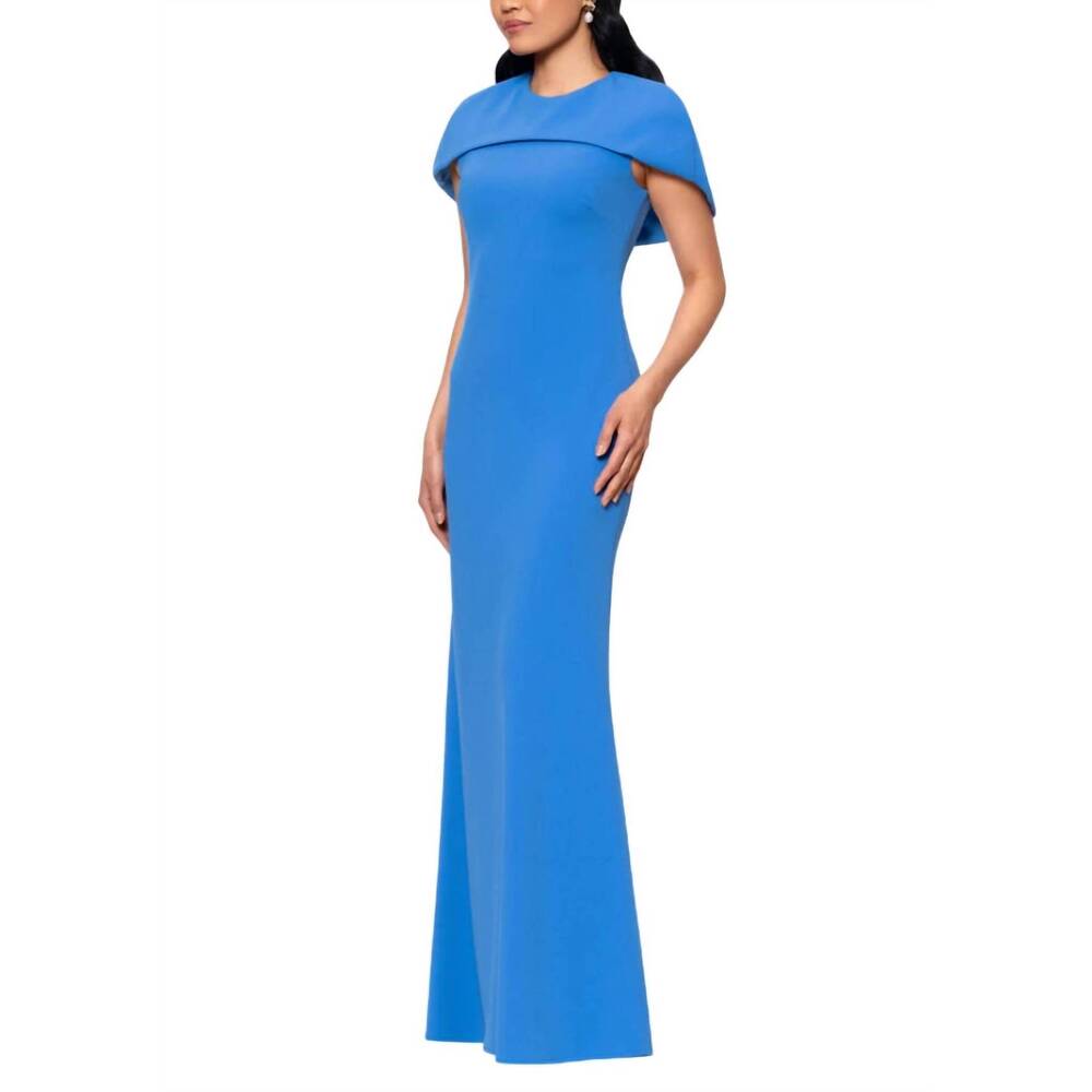 NEW BETSY & ADAM women's shanice cape floor length dress in cornflower - Picture 3 of 4